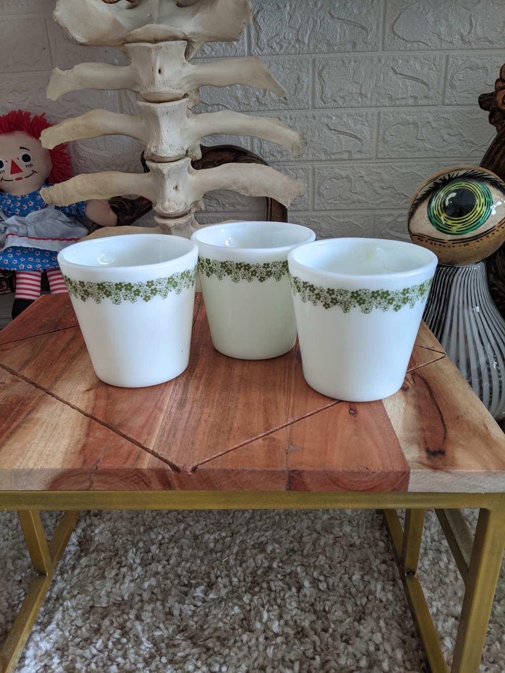 Vintage Pyrex White Milk Cup with Green Floral Band (Set of 3)